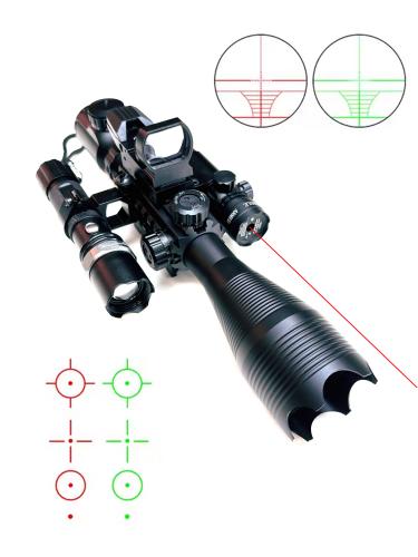 Zielfernrohr mit Laser, Rotpunkt und Lampe